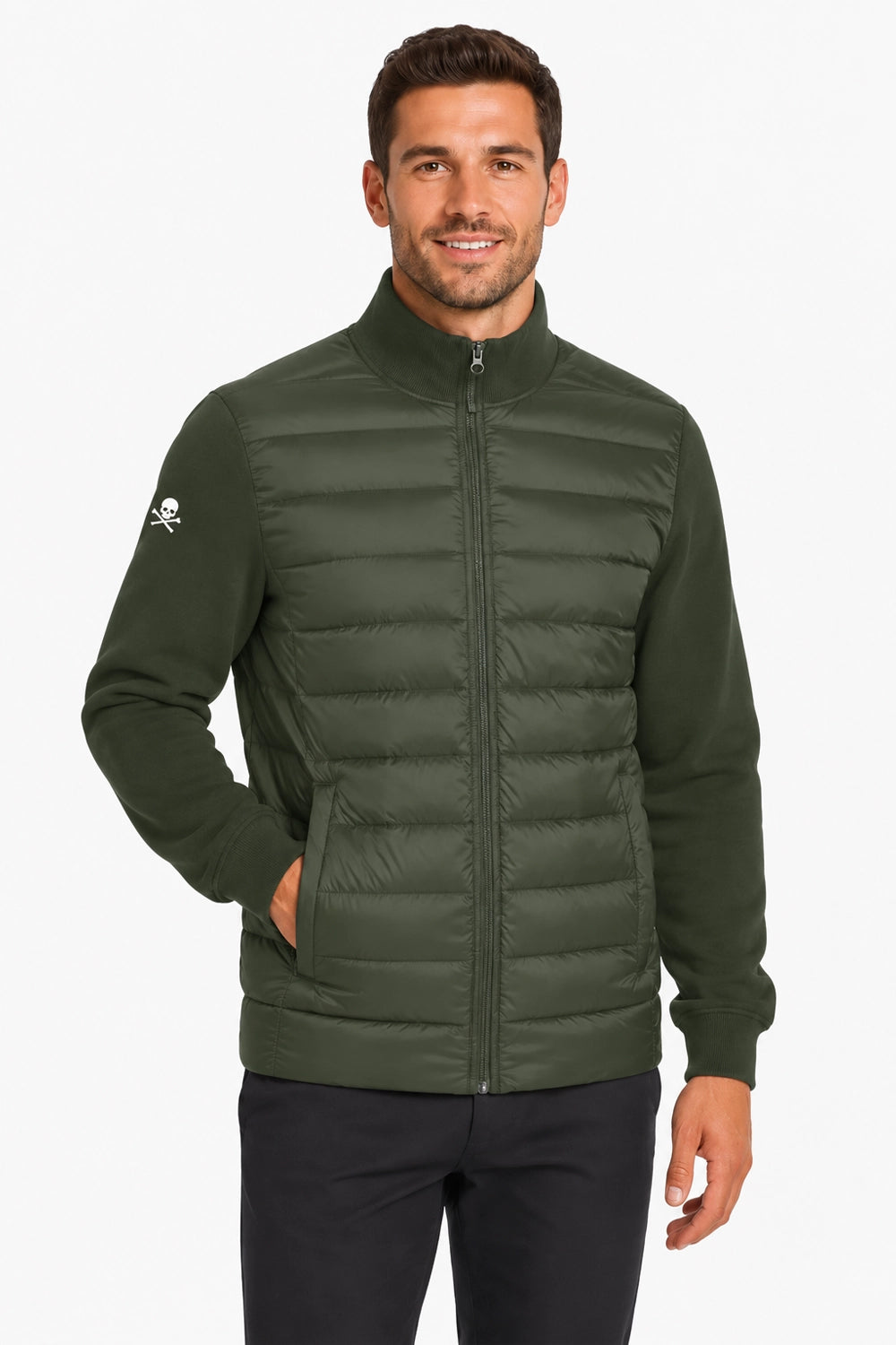 Veste de golf homme vert foncé, matelassage, fermeture éclair et écusson tête de mort