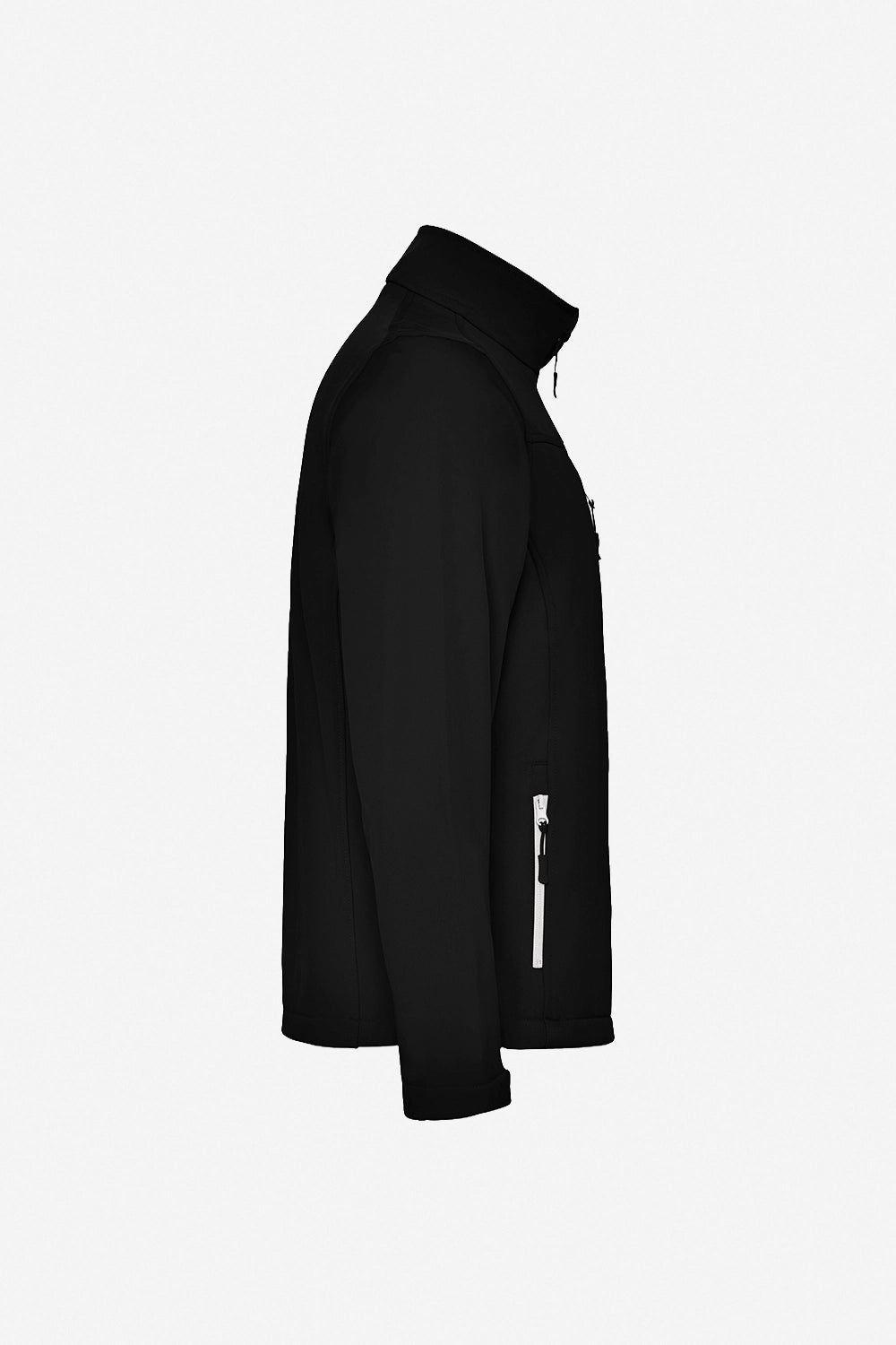 Veste de pluie noire avec capuche, fermeture zippée et poches zippées (côté)