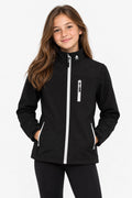 Veste de pluie noire zippée avec capuche, logo au col et poches zippées (face)