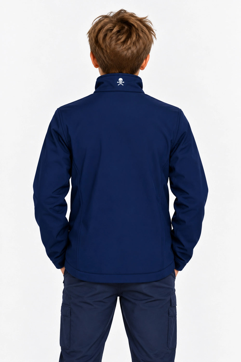Veste de pluie garçon bleu marine, vue arrière, col montant et zip central.