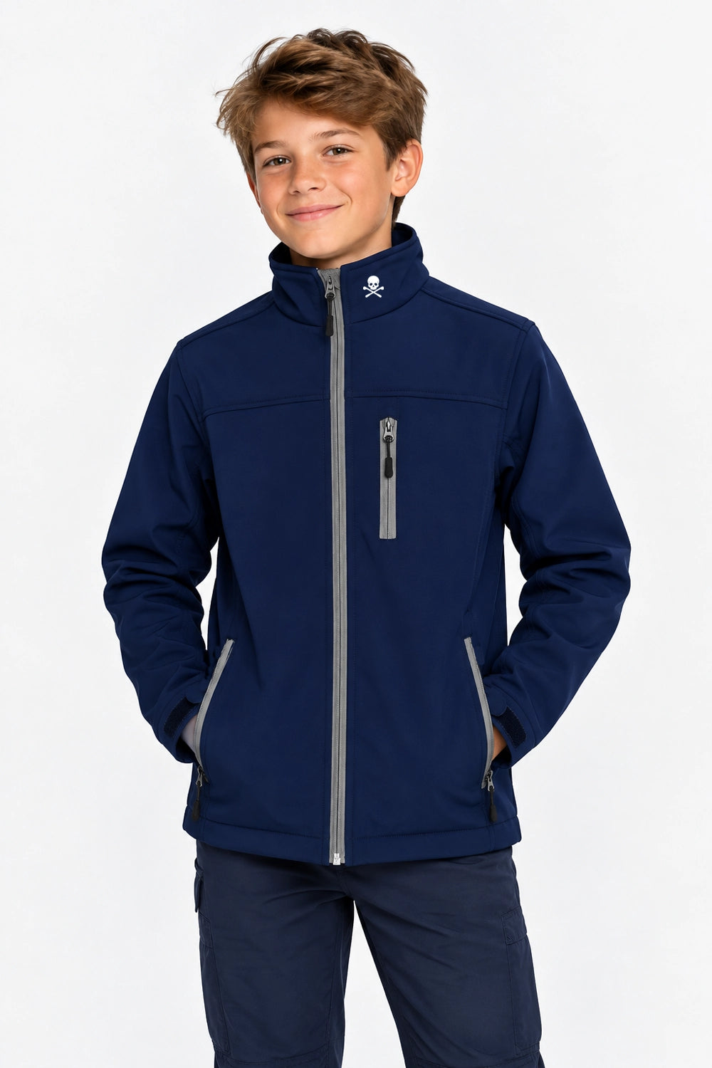 Veste de pluie garçon bleu marine, capuche, zip central, logo et poches zippées.