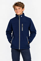 Veste de pluie garçon bleu marine, capuche, zip central, logo et poches zippées.