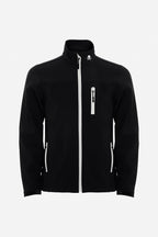 Veste de pluie garçon noire à capuche, zip central blanc et deux poches zippées