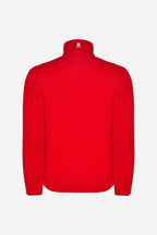 Veste de pluie rouge garçon, vue de dos, capuche et broderie poitrine au col.