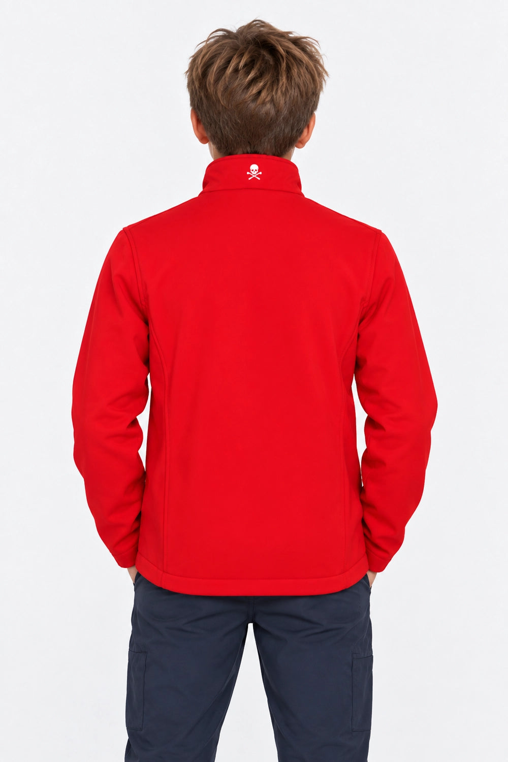 Veste de pluie rouge garçon, vue arrière, capuche et fermeture zippée au centre.