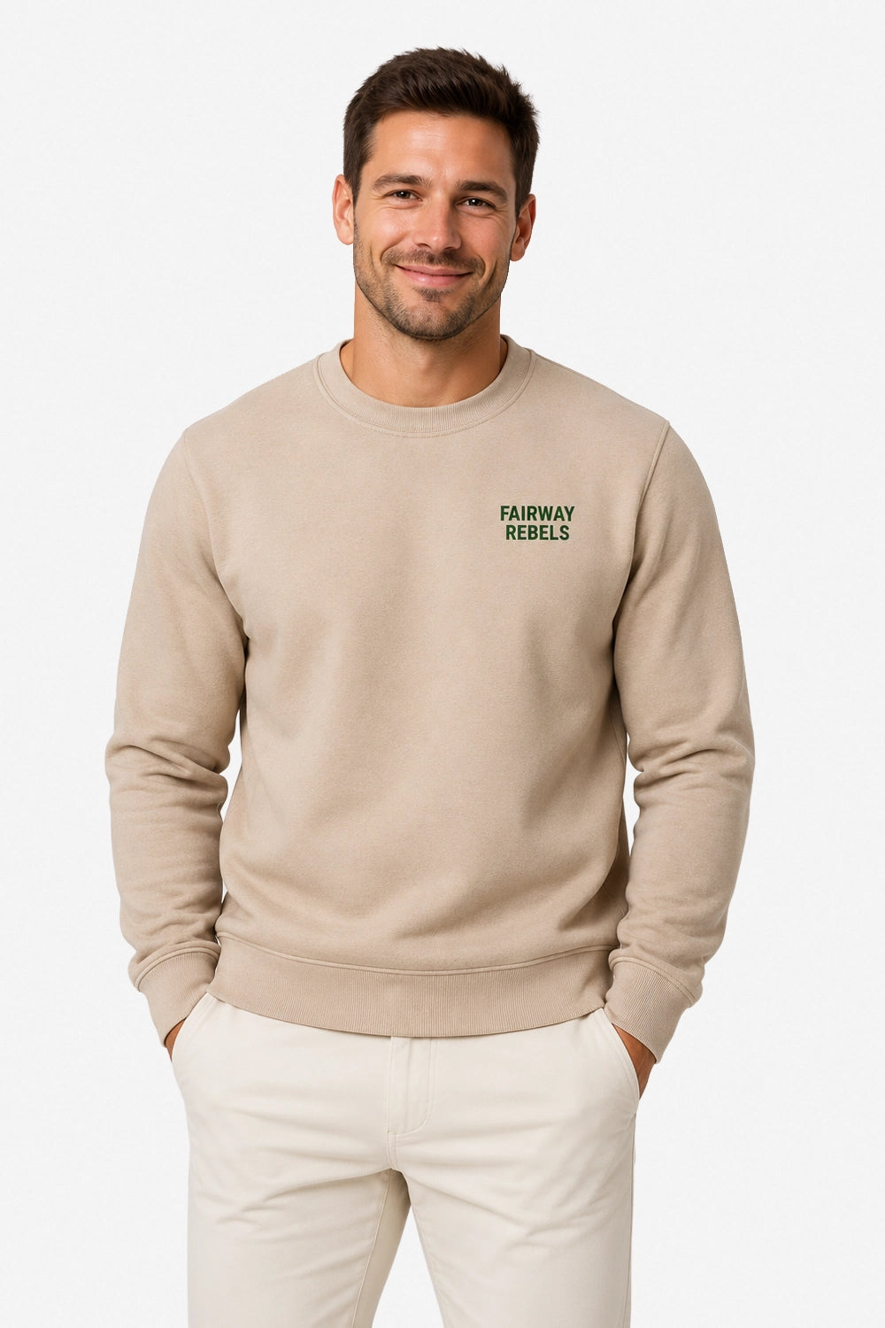 Sweat homme beige manches longues, logo poitrine « Fairway Rebels »