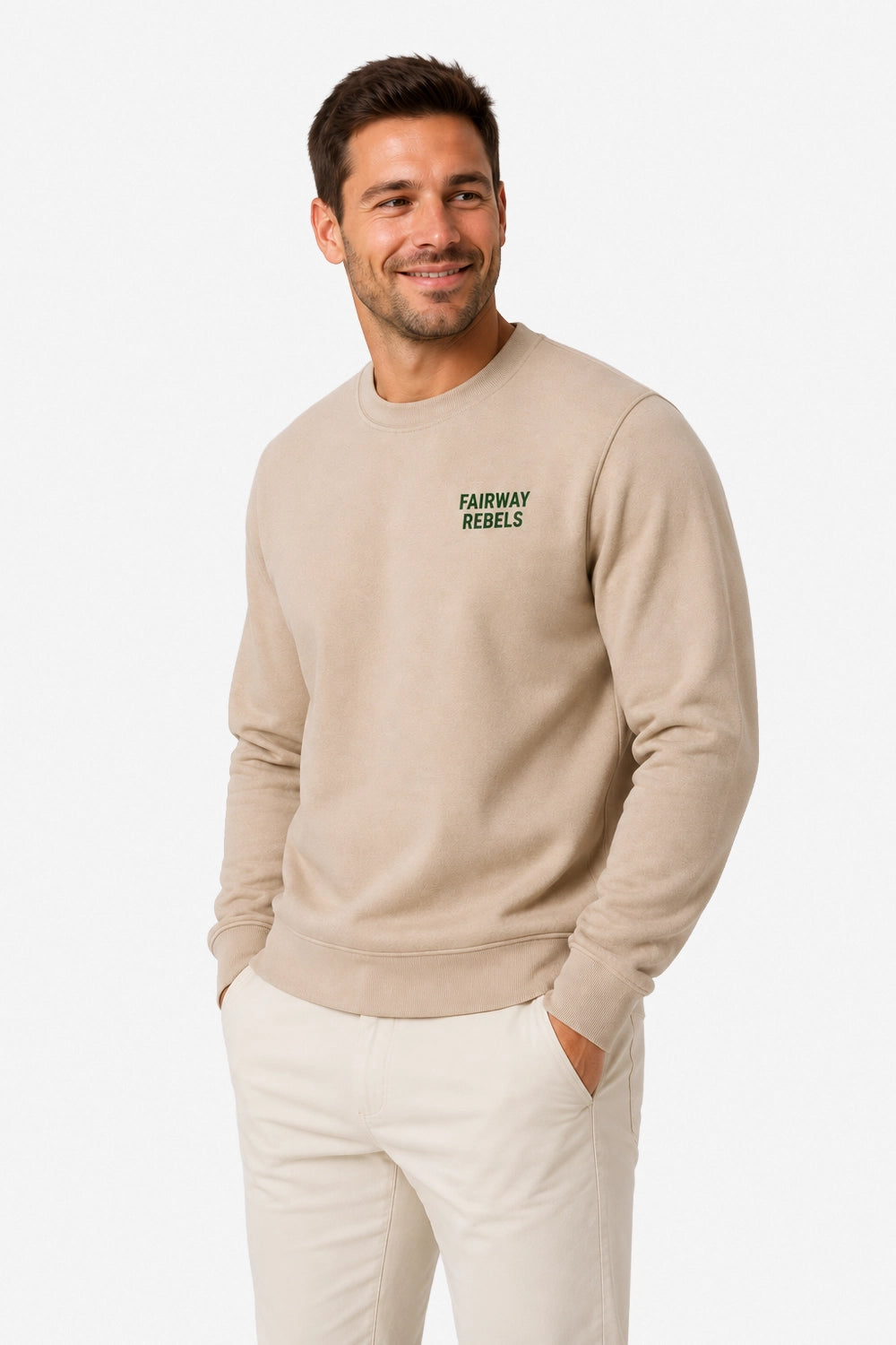 Sweat homme beige à encolure ronde, petit logo poitrine « Fairway Rebels »