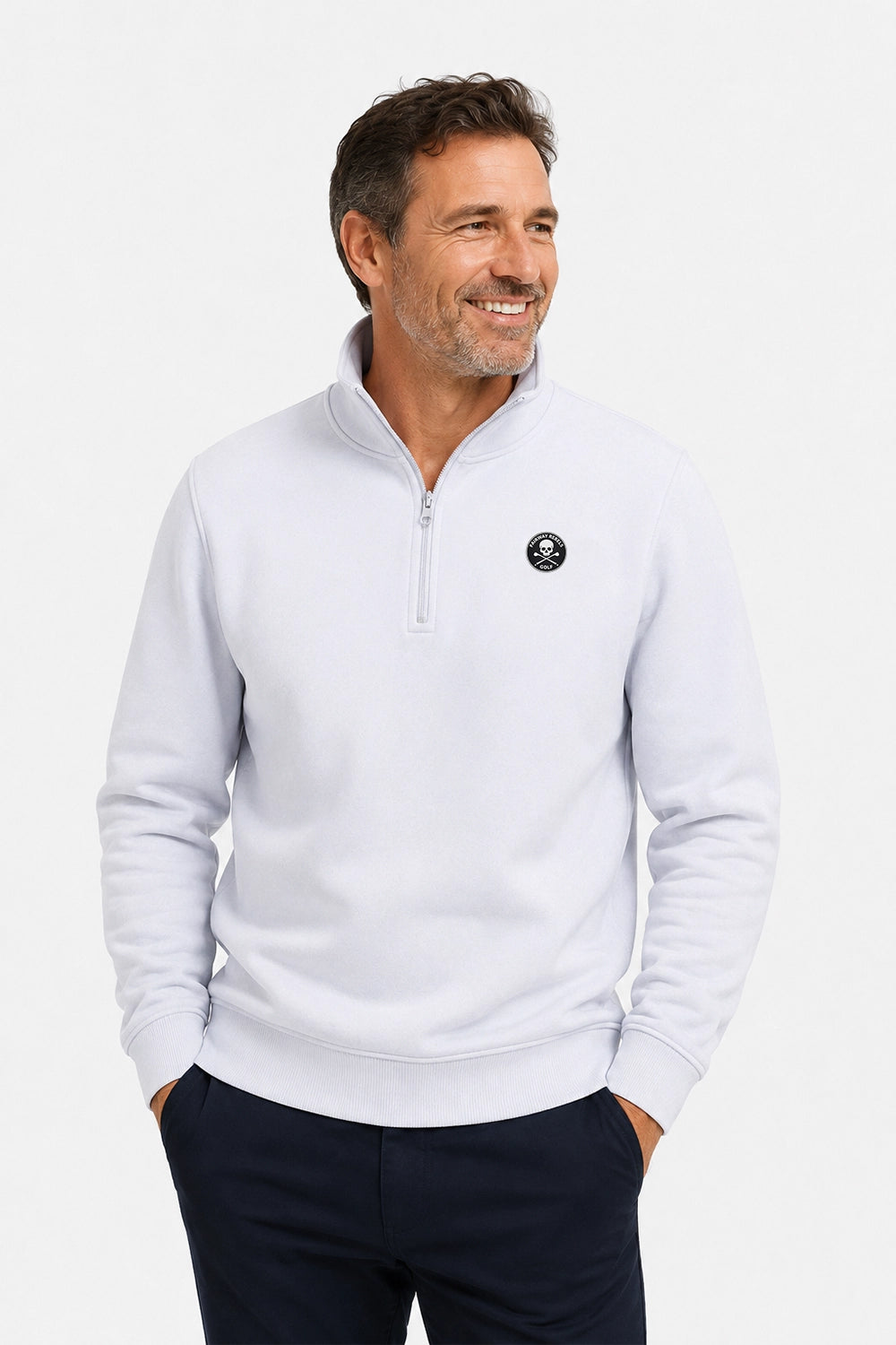 Pull de golf homme 1/4 zippé blanc, fermeture 1/4 zip, logo poitrine