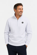 Pull de golf homme 1/4 zippé blanc, fermeture 1/4 zip, logo poitrine