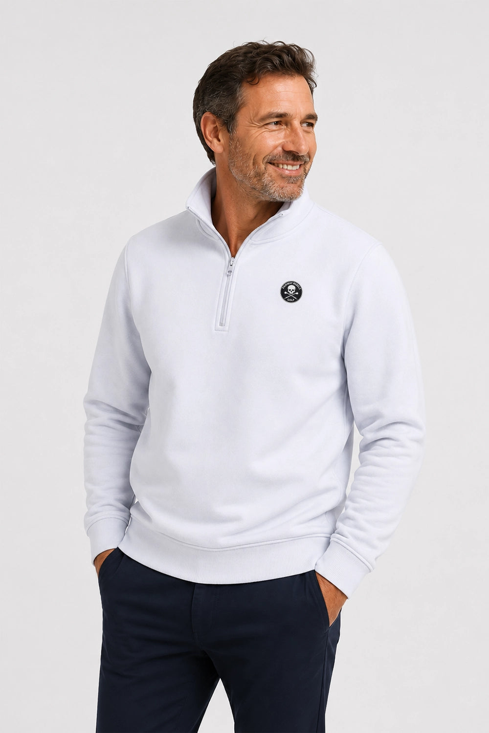 Pull de golf homme 1/4 zippé blanc, col demi-zip, vue de face