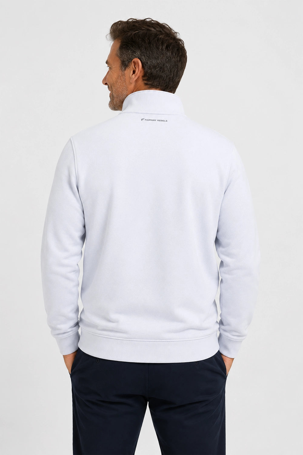 Pull de golf homme 1/4 zippé blanc, vue arrière avec manches longues