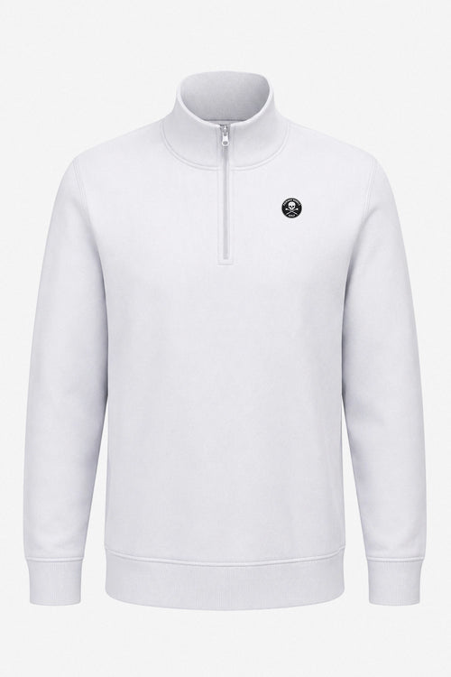 Pull de golf homme 1/4 zippé blanc, demi-zip, logo poitrine