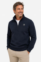 Pull de golf homme 1/4 zippé bleu marine, demi-zip, logo poitrine