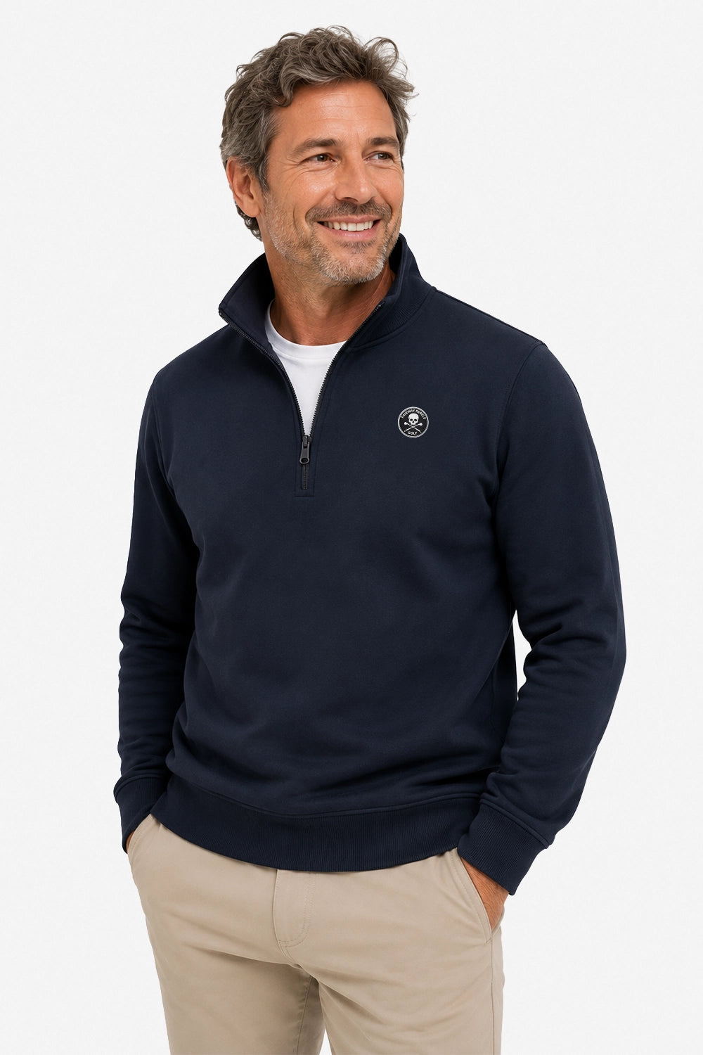 Pull de golf homme 1/4 zippé bleu marine, demi-zip, logo poitrine