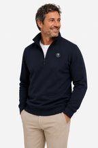 Sweat de golf homme 1/4 zip bleu marine, col zippé et logo poitrine