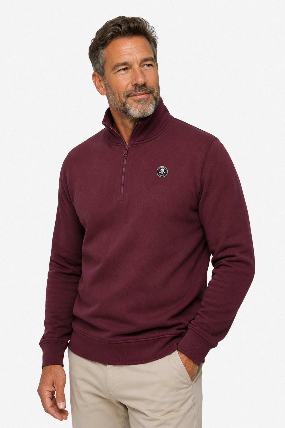 Sweat de golf homme 1/4 zip bordeaux, face avant et logo poitrine