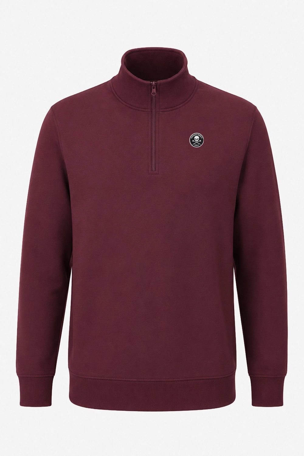 Sweat homme bordeaux à demi-zip 1/4, col montant et écusson poitrine gauche.