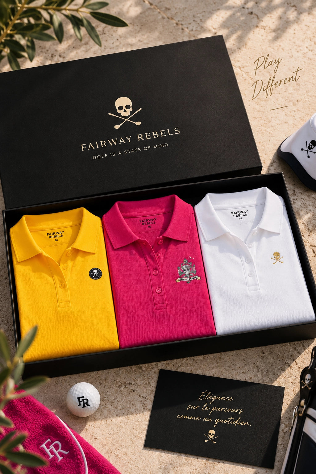 Coffret de 3 polos femme : jaune, rose et blanc, cols et boutons, motifs.