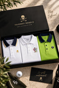 Coffret de 3 polos homme : blanc, gris, vert, cols contrastés et boutons