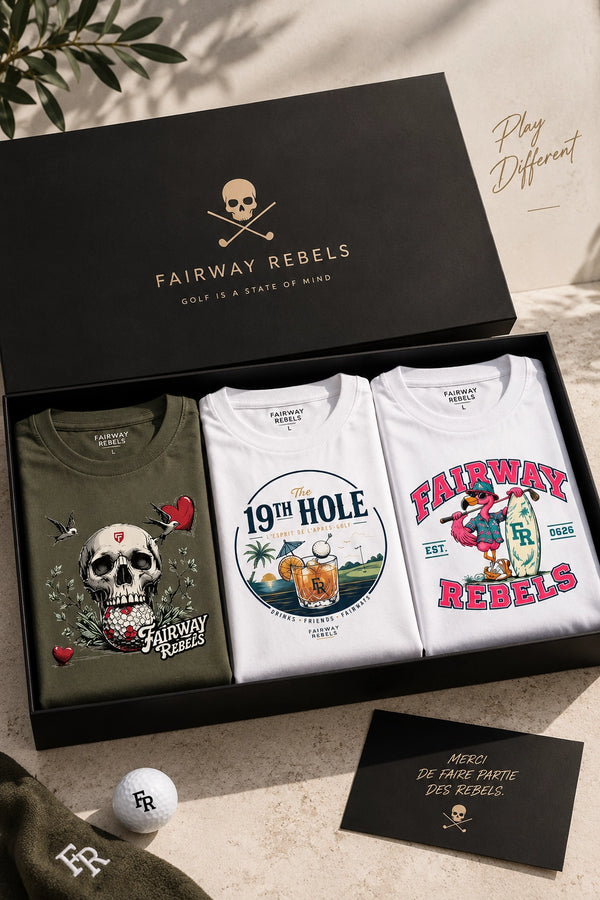 Coffret de 3 t-shirts : vert olive et blanc, imprimés skull, 19th Hole et Fairway Rebels.