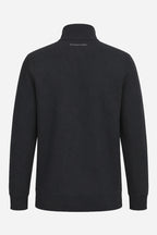 Sweat homme noir à demi-zip 1/4, col montant, porté dos visible.