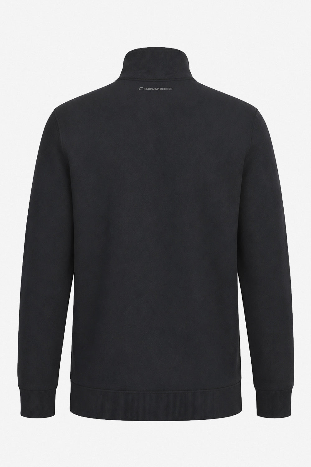 Sweat homme noir à demi-zip 1/4, col montant, porté dos visible.