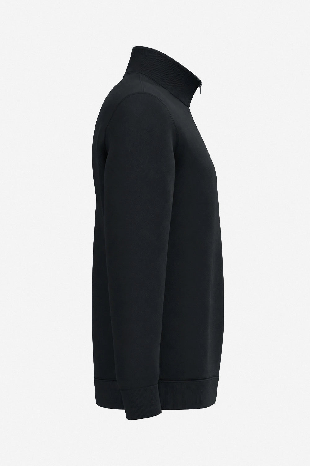 Sweat homme noir à demi-zip 1/4, vue de côté sur l’emmanchure et la manche.