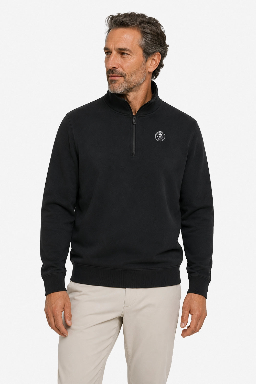Sweat homme noir à demi-zip 1/4, col montant, logo poitrine et vue de face.