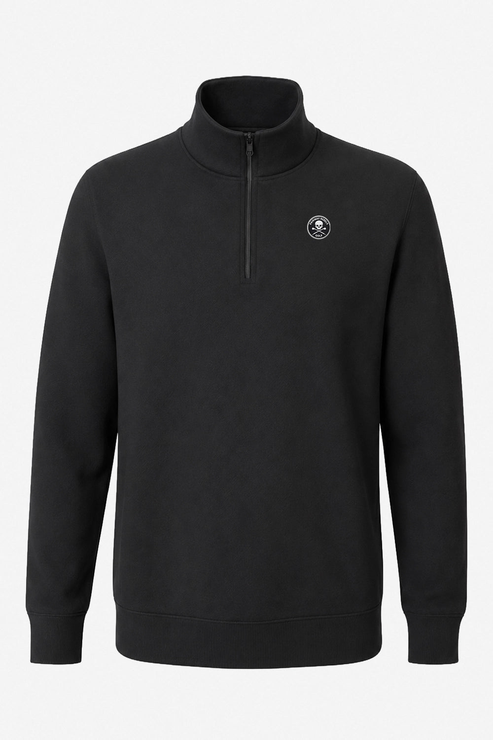 Sweat homme noir à demi-zip 1/4, col montant, écusson poitrine gauche.