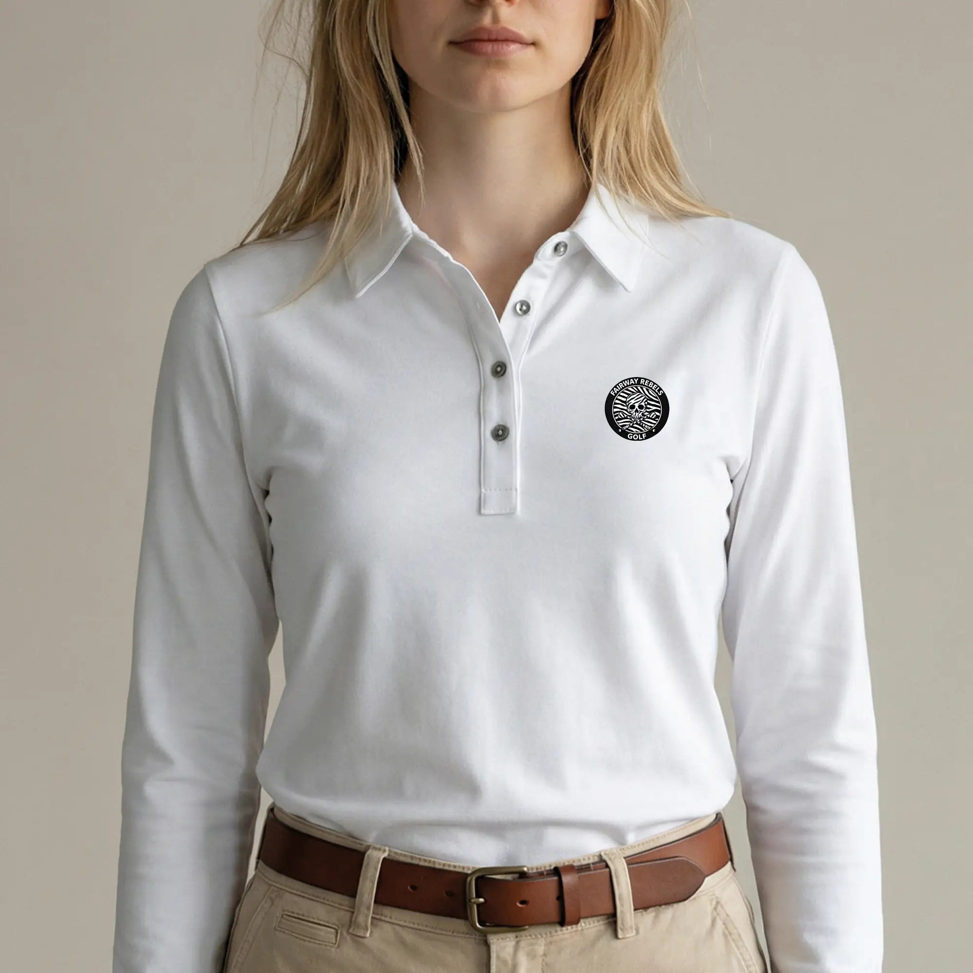 Polo de golf femme blanc à manches longues avec logo zèbre, style élégant et technique
