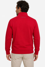 Haut sweat homme rouge dos, col montant 1/4 zippé