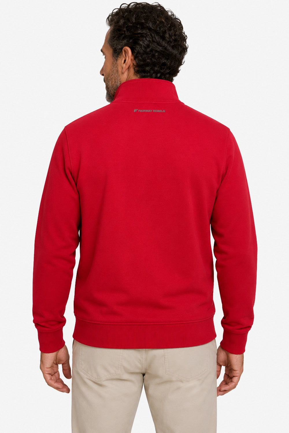 Haut sweat homme rouge dos, col montant 1/4 zippé
