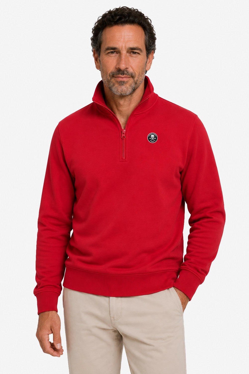 Haut sweat homme rouge col montant 1/4 zippé, écusson poitrine