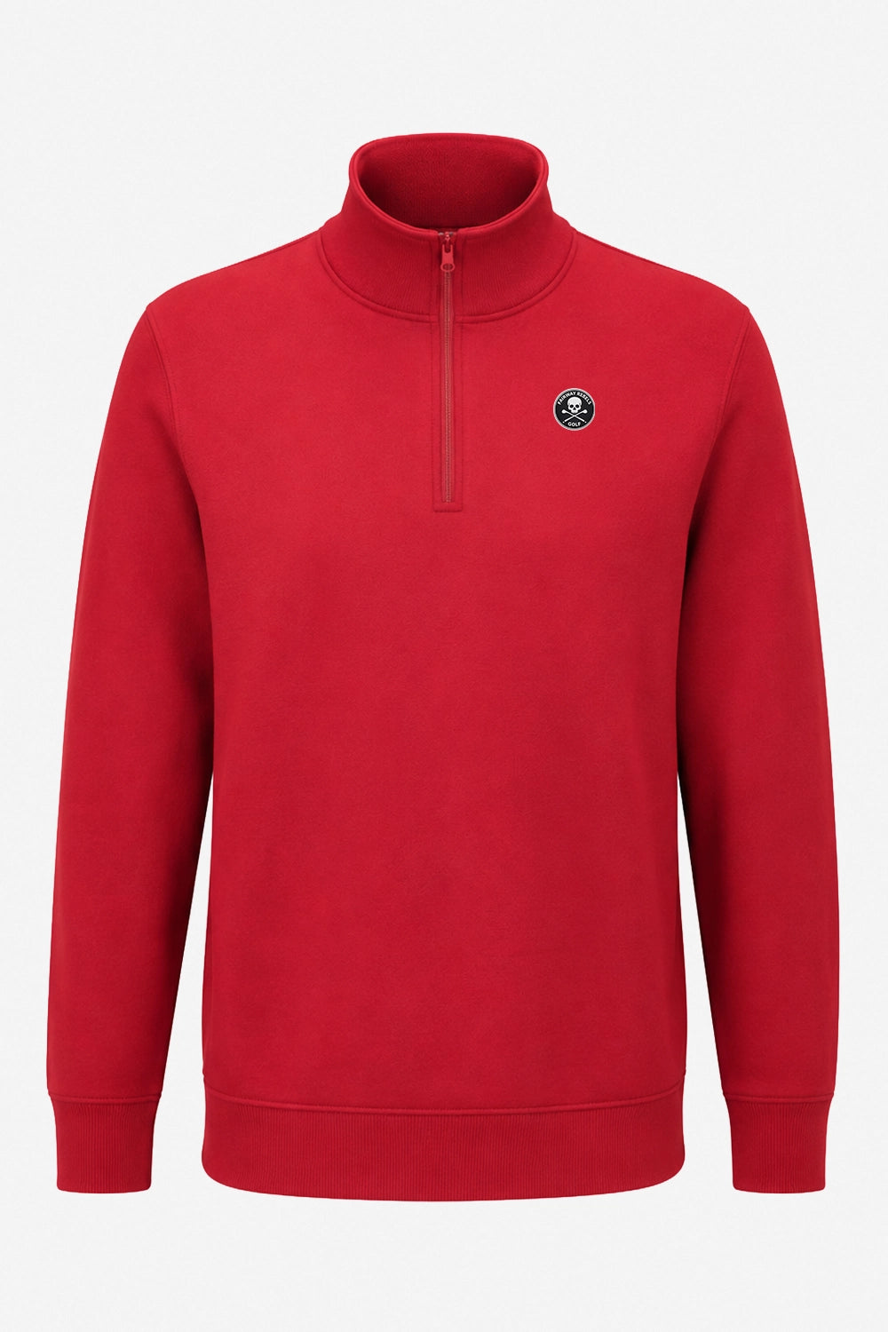 Haut sweat homme rouge 1/4 zippé, col montant, écusson sur la poitrine