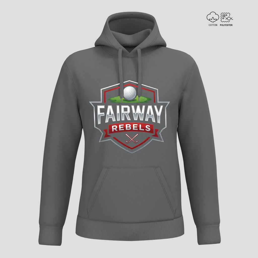 Sweat à capuche gris golf unisexe avec logo Fairway Rebels, motif balle de golf, coton polyester