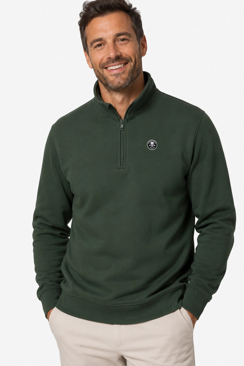 Haut sweat homme vert foncé 1/4 zip, col montant, petit écusson poitrine