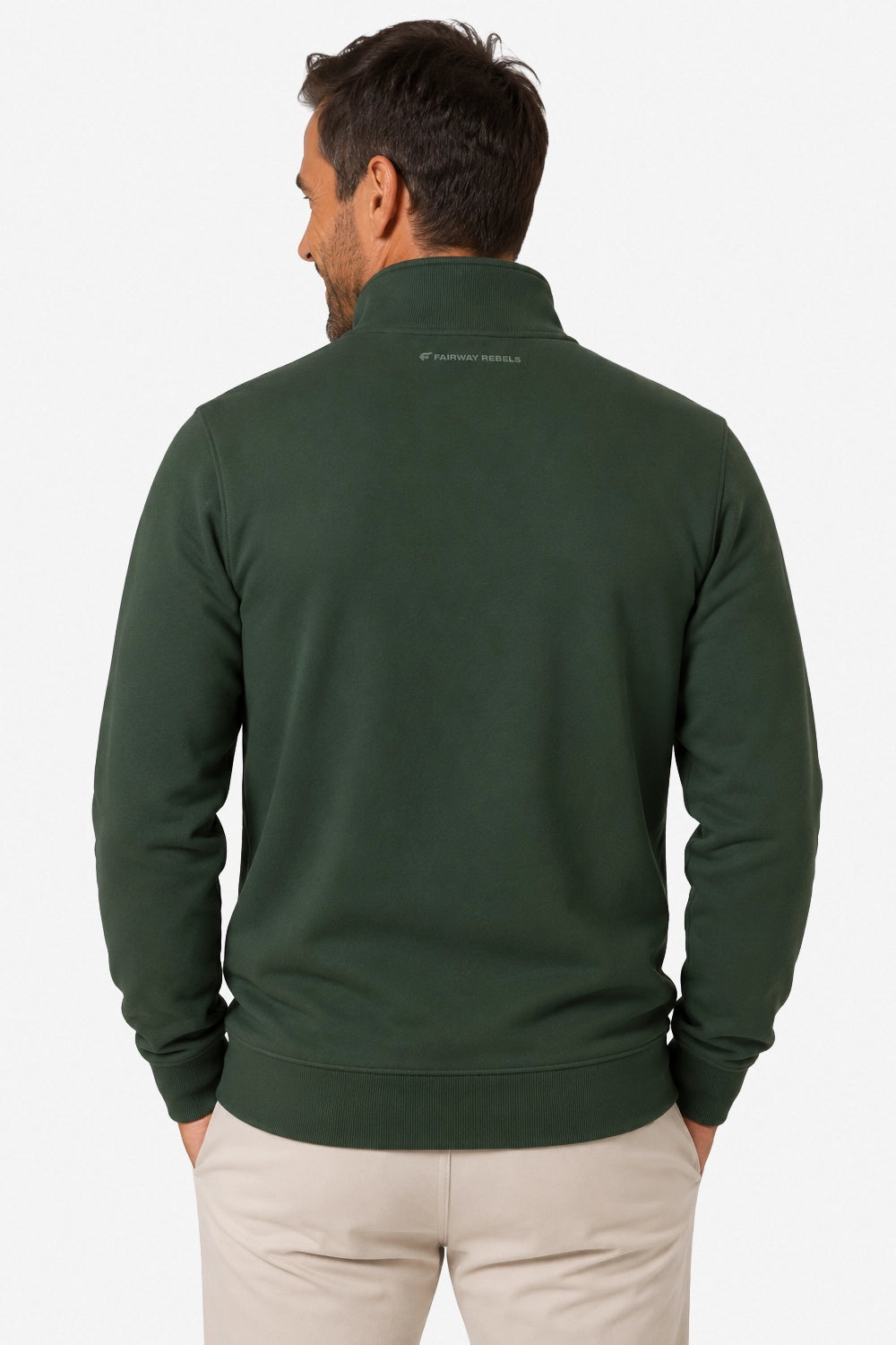 Haut sweat homme vert foncé dos, col montant et fermeture 1/4