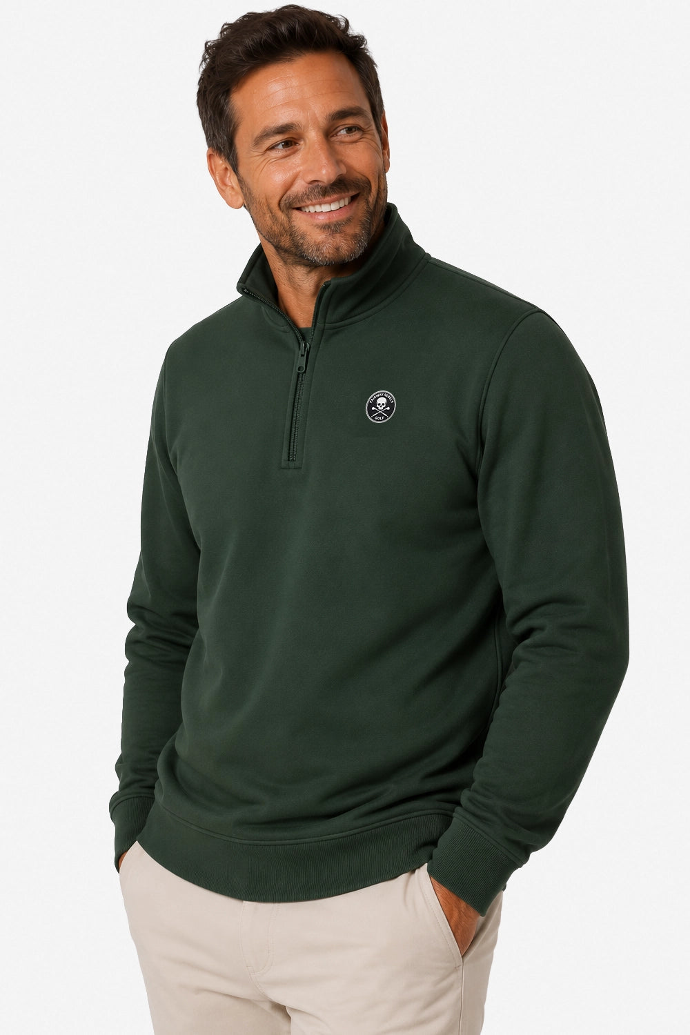 Haut sweat homme vert foncé 1/4 zip, col montant, écusson poitrine