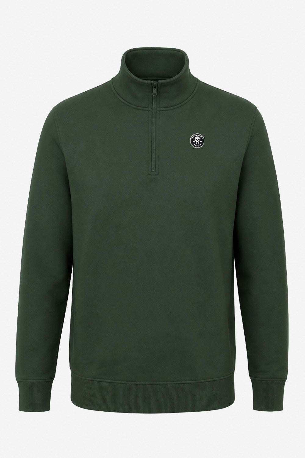 Sweat de golf homme vert foncé à zip 1/4 avec col montant et écusson sur la poitrine.