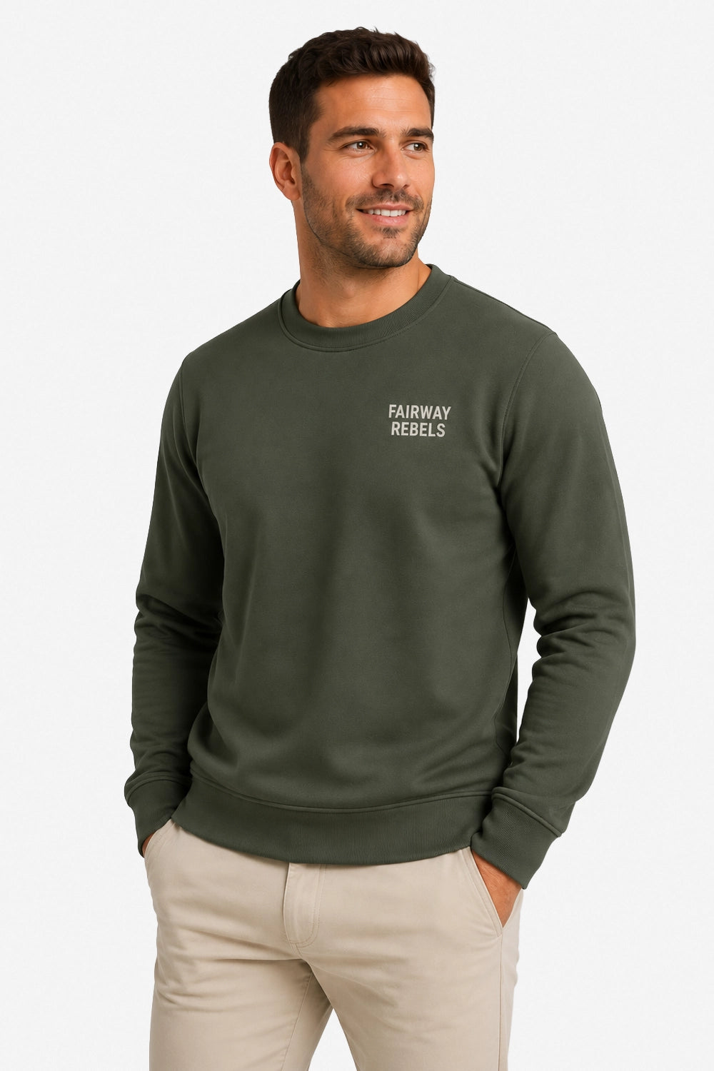 Sweat homme vert foncé à encolure ronde, petit logo poitrine « Fairway Rebels »