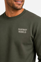  gros plan sweat homme vert foncé, logo poitrine « FAIRWAY REBELS »